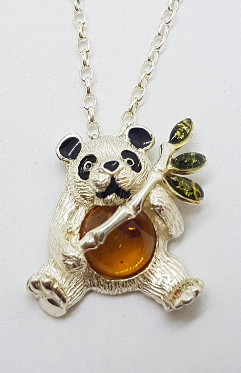 Sterling Silver Brown &amp; Green Baltic Amber Panda with Bamboo Pendant on Silver Chain