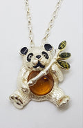 Sterling Silver Brown &amp; Green Baltic Amber Panda with Bamboo Pendant on Silver Chain
