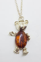 Sterling Silver Baltic Amber Teddy Bear Jointed Pendant on Silver Chain
