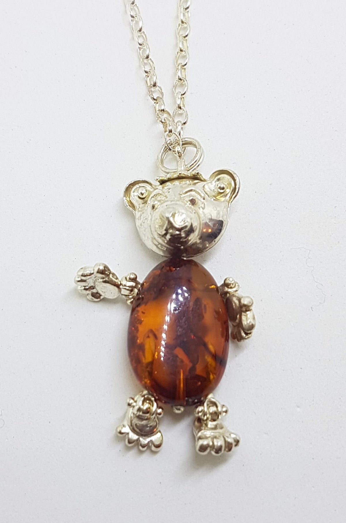 Sterling Silver Baltic Amber Teddy Bear Jointed Pendant on Silver Chain