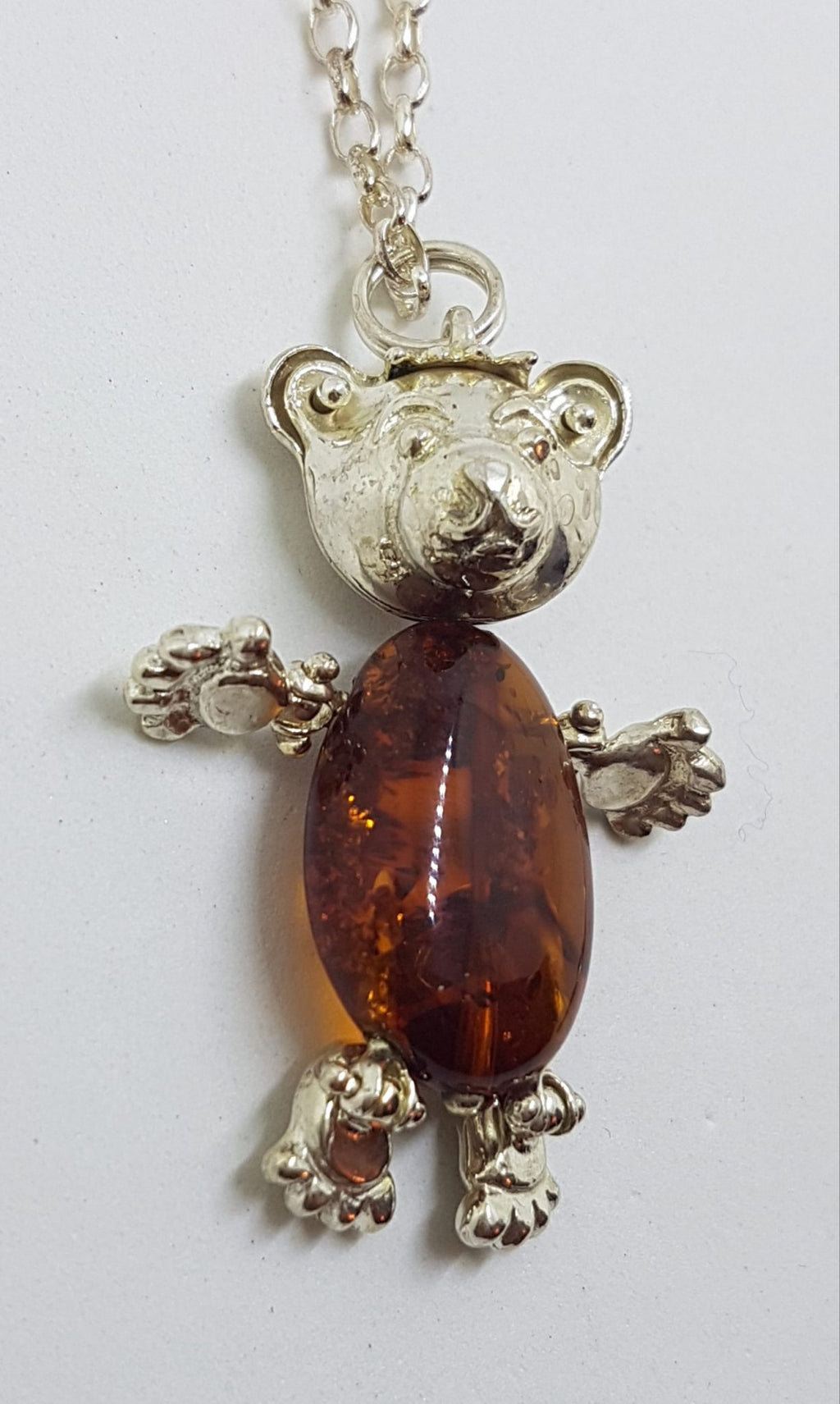Sterling Silver Baltic Amber Teddy Bear Jointed Pendant on Silver Chain