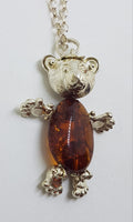 Sterling Silver Baltic Amber Teddy Bear Jointed Pendant on Silver Chain