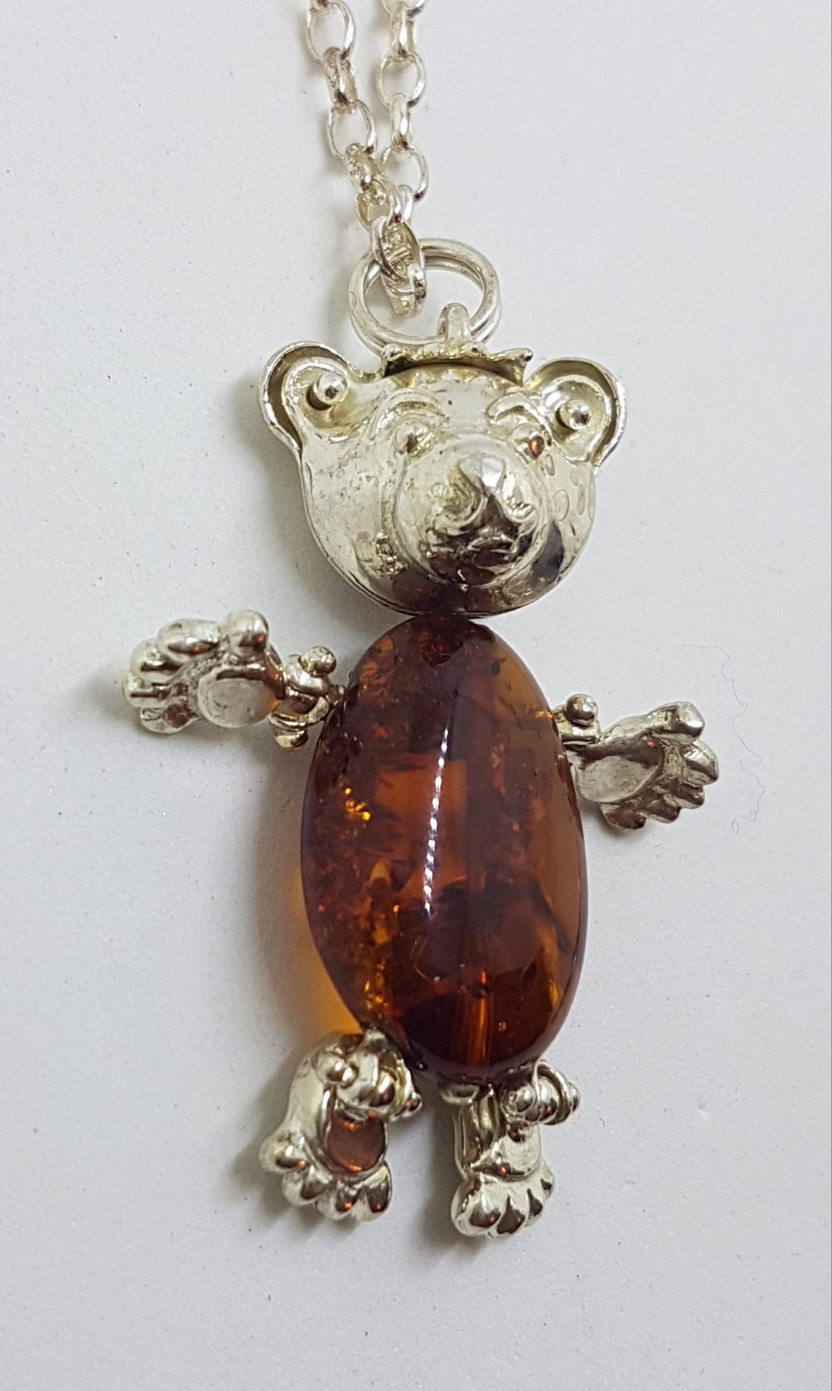 Sterling Silver Baltic Amber Teddy Bear Jointed Pendant on Silver Chain