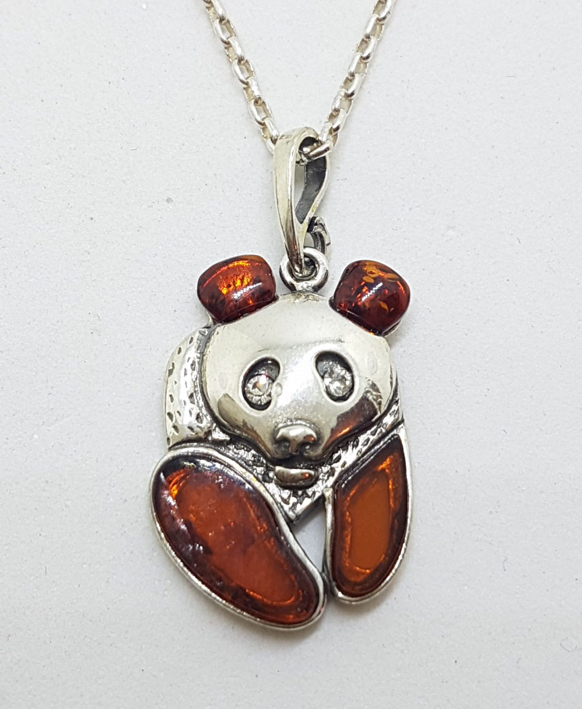 Sterling Silver Baltic Amber Panda Bear Pendant on Silver Chain