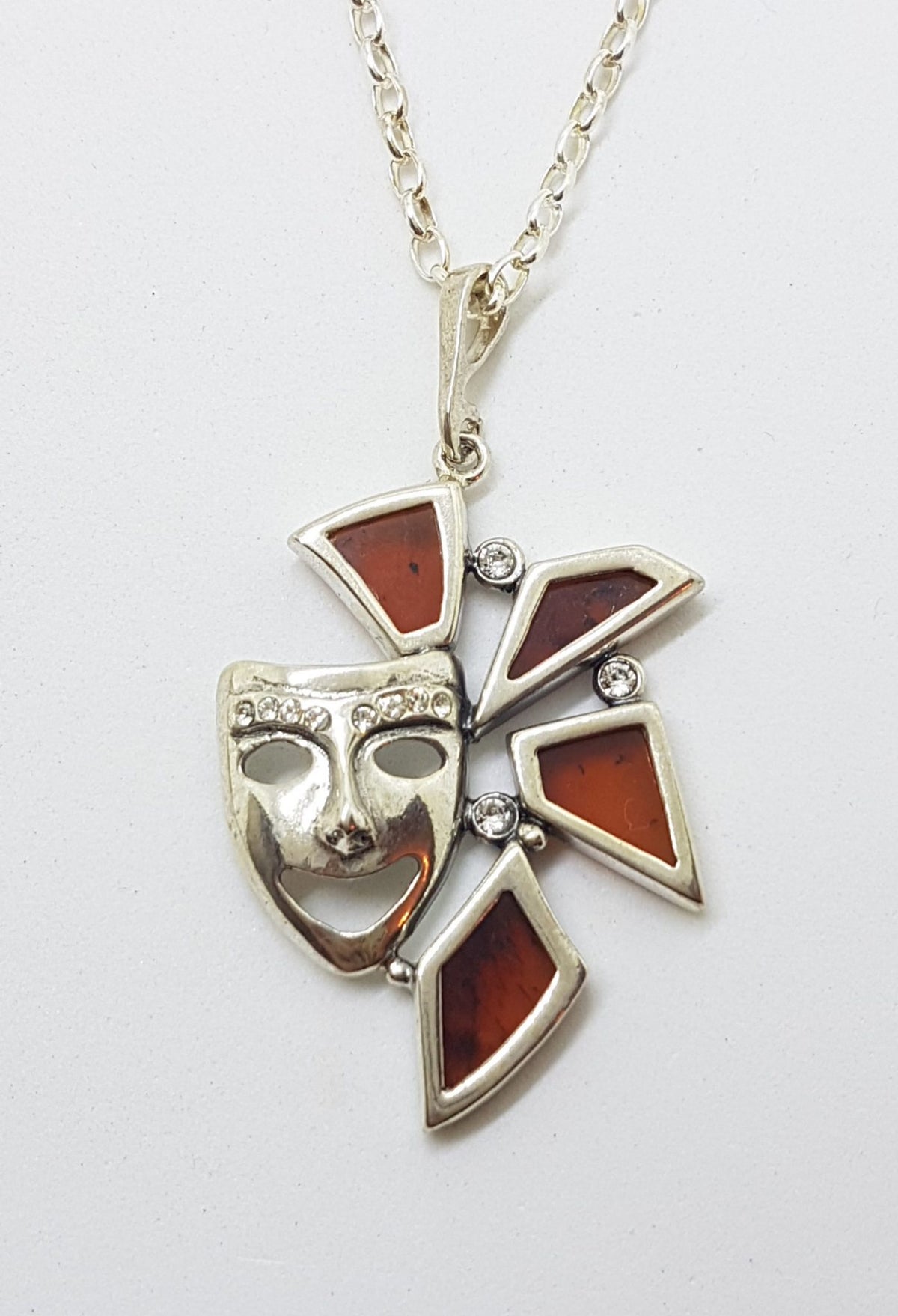 Sterling Silver Baltic Amber Carnival / Theatre Mask Pendant on Silver Chain