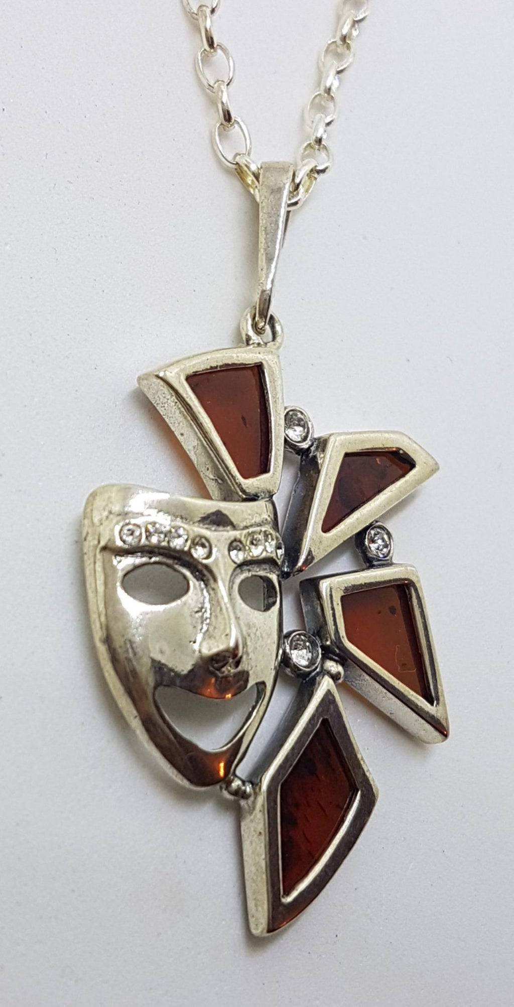 Sterling Silver Baltic Amber Carnival / Theatre Mask Pendant on Silver Chain
