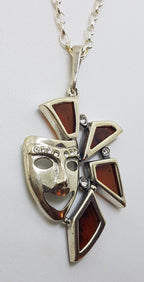 Sterling Silver Baltic Amber Carnival / Theatre Mask Pendant on Silver Chain