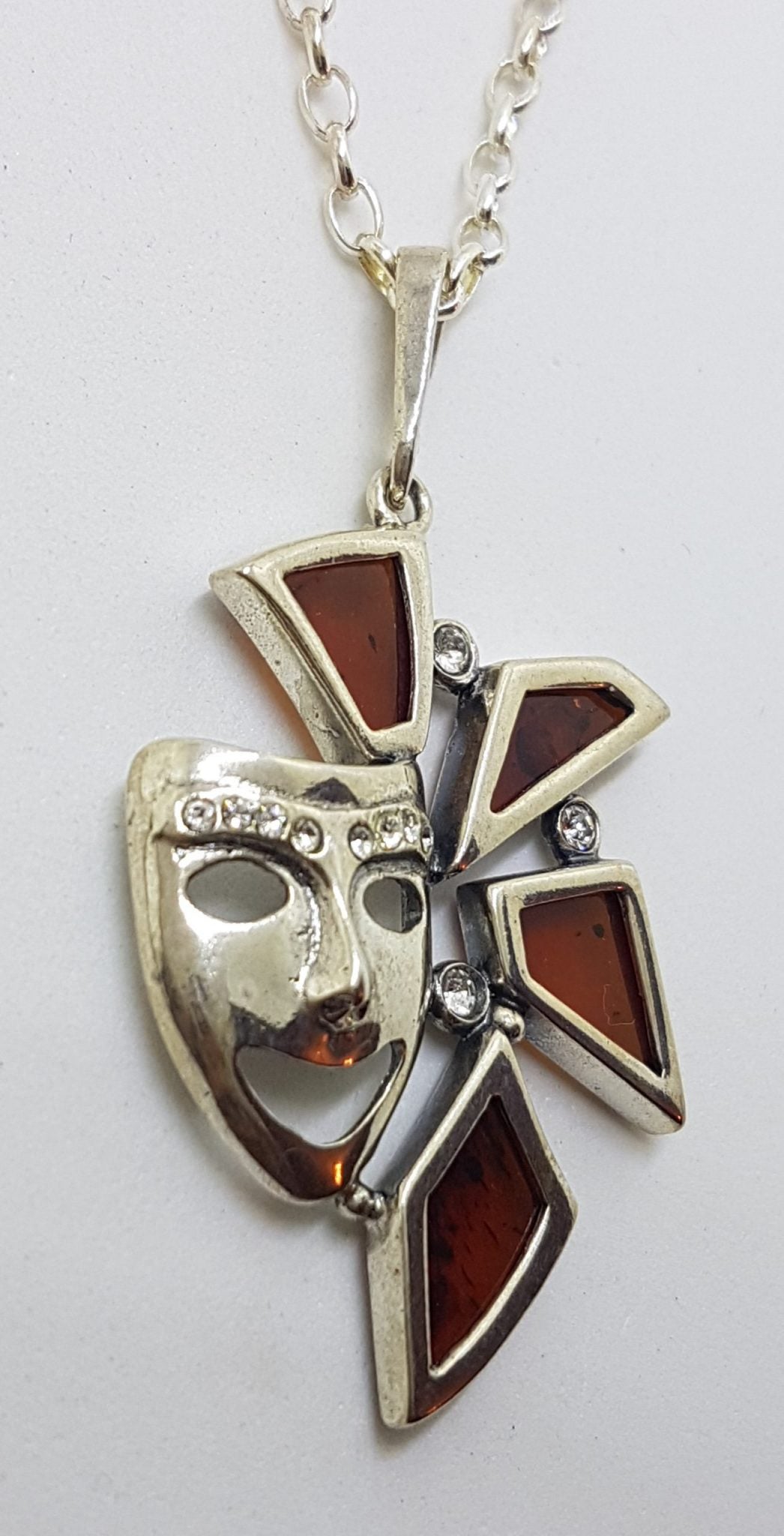 Sterling Silver Baltic Amber Carnival / Theatre Mask Pendant on Silver Chain