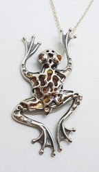 Sterling Silver Very Large Baltic Amber Frog Pendant on Silver Chain