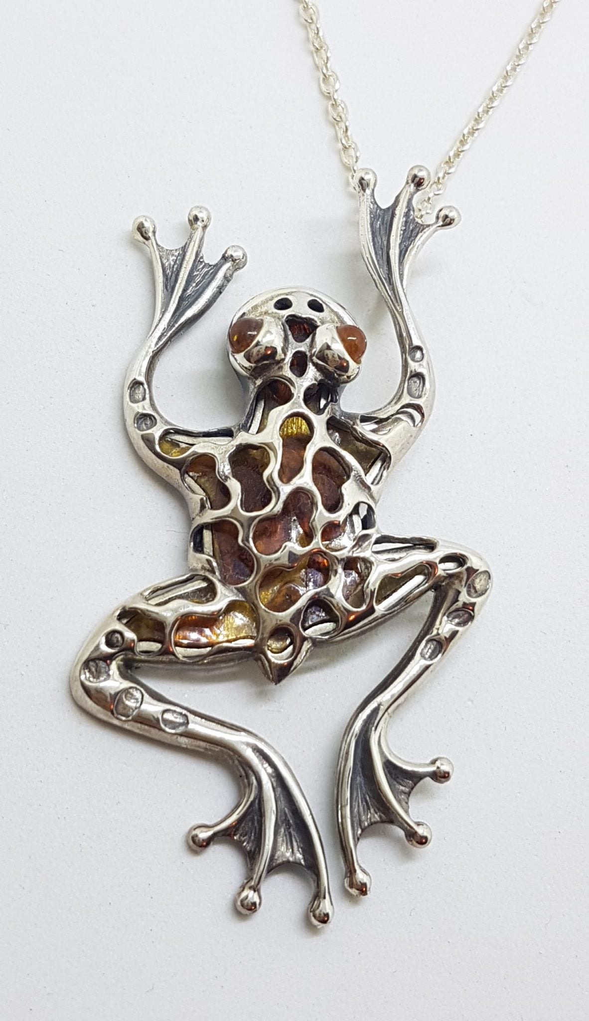 Sterling Silver Very Large Baltic Amber Frog Pendant on Silver Chain