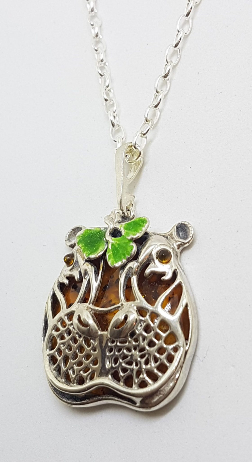 Sterling Silver Baltic Amber &amp; Enamel Hippo Pendant on Chain – Hippopotamus