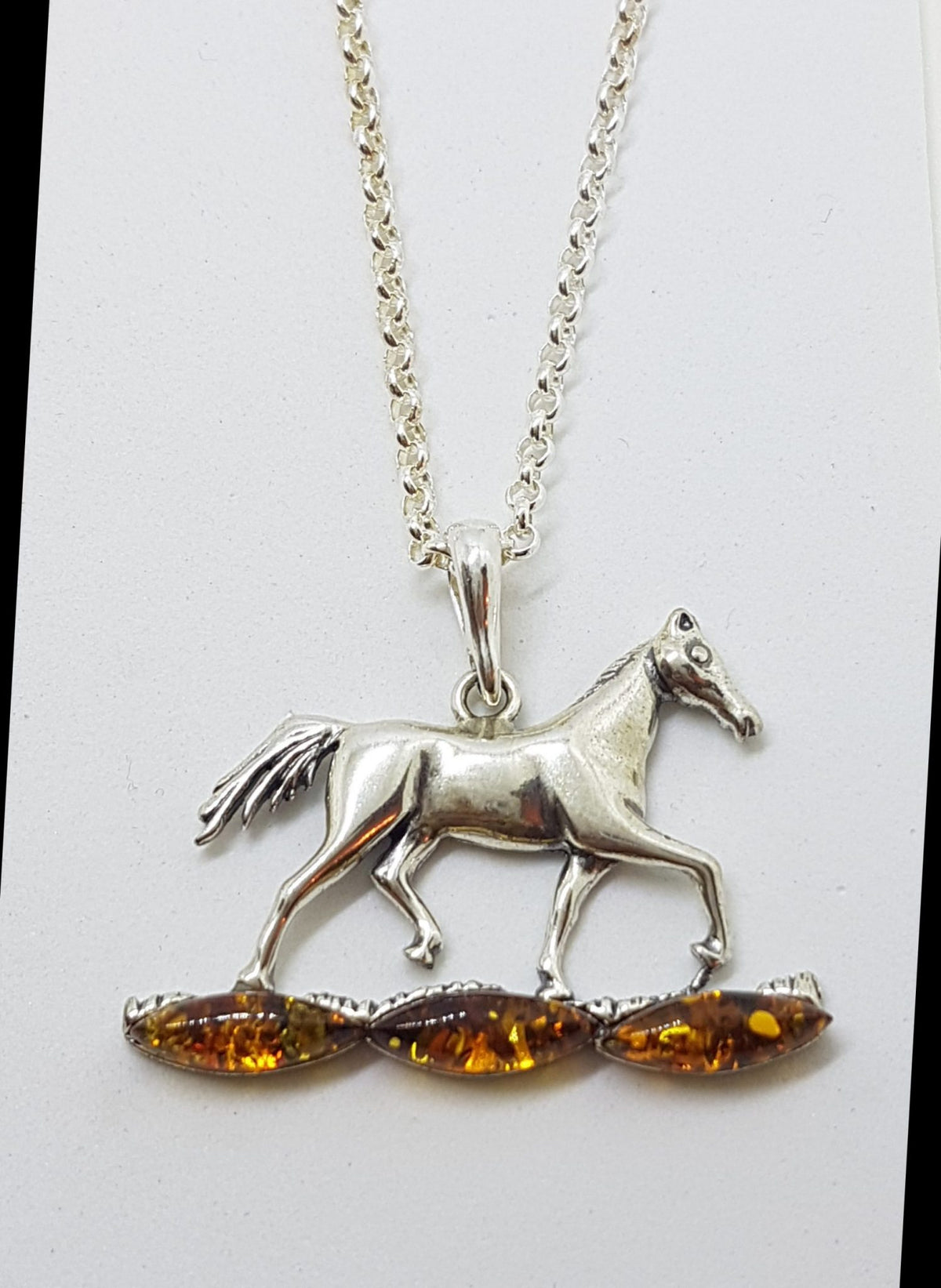 Sterling Silver Baltic Amber Horse Pendant on Silver Chain