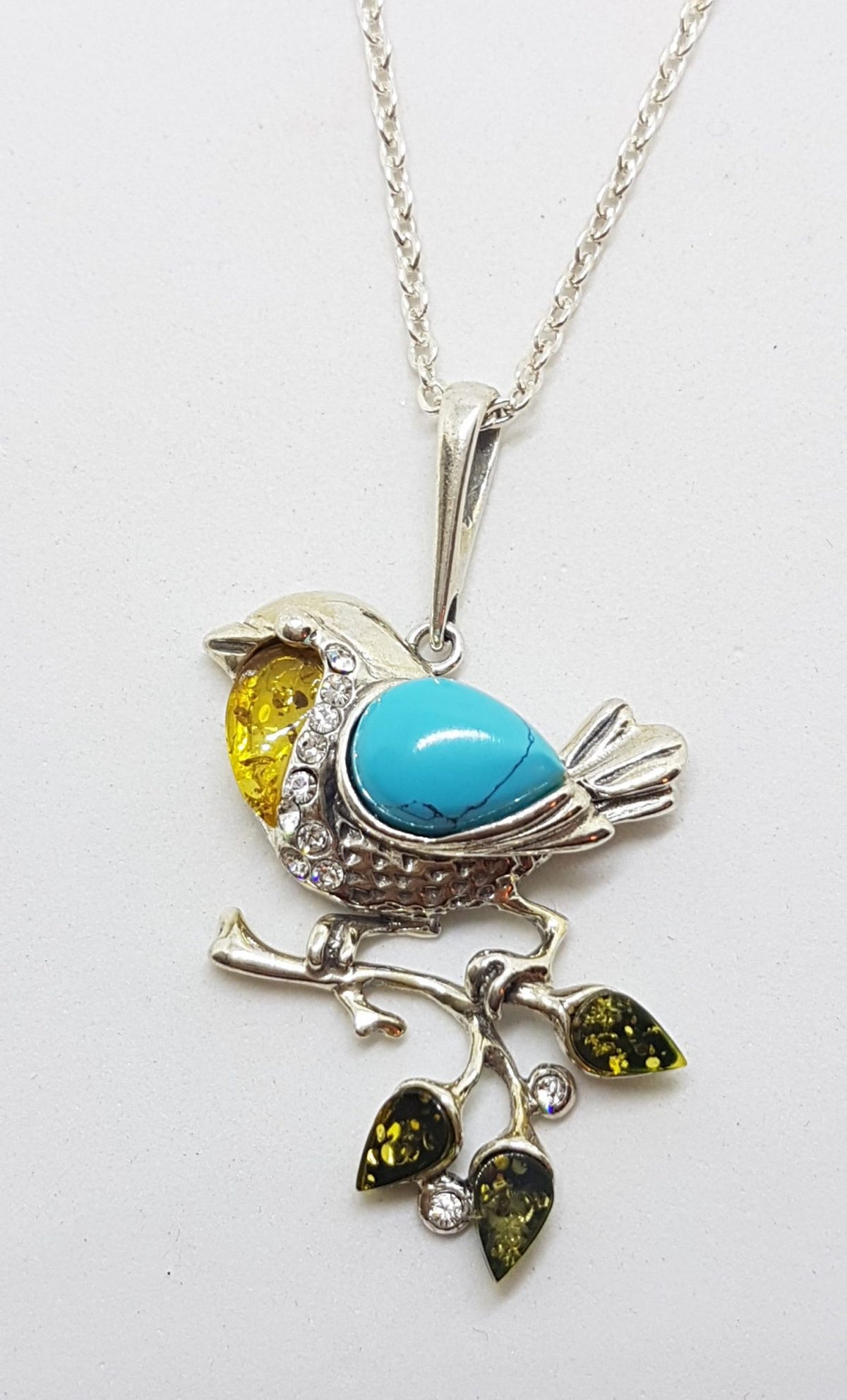 Sterling Silver Multi-Colour Baltic Amber, Cubic Zirconia &amp; Recon. Turquoise Bird on Branch Pendant on Chain
