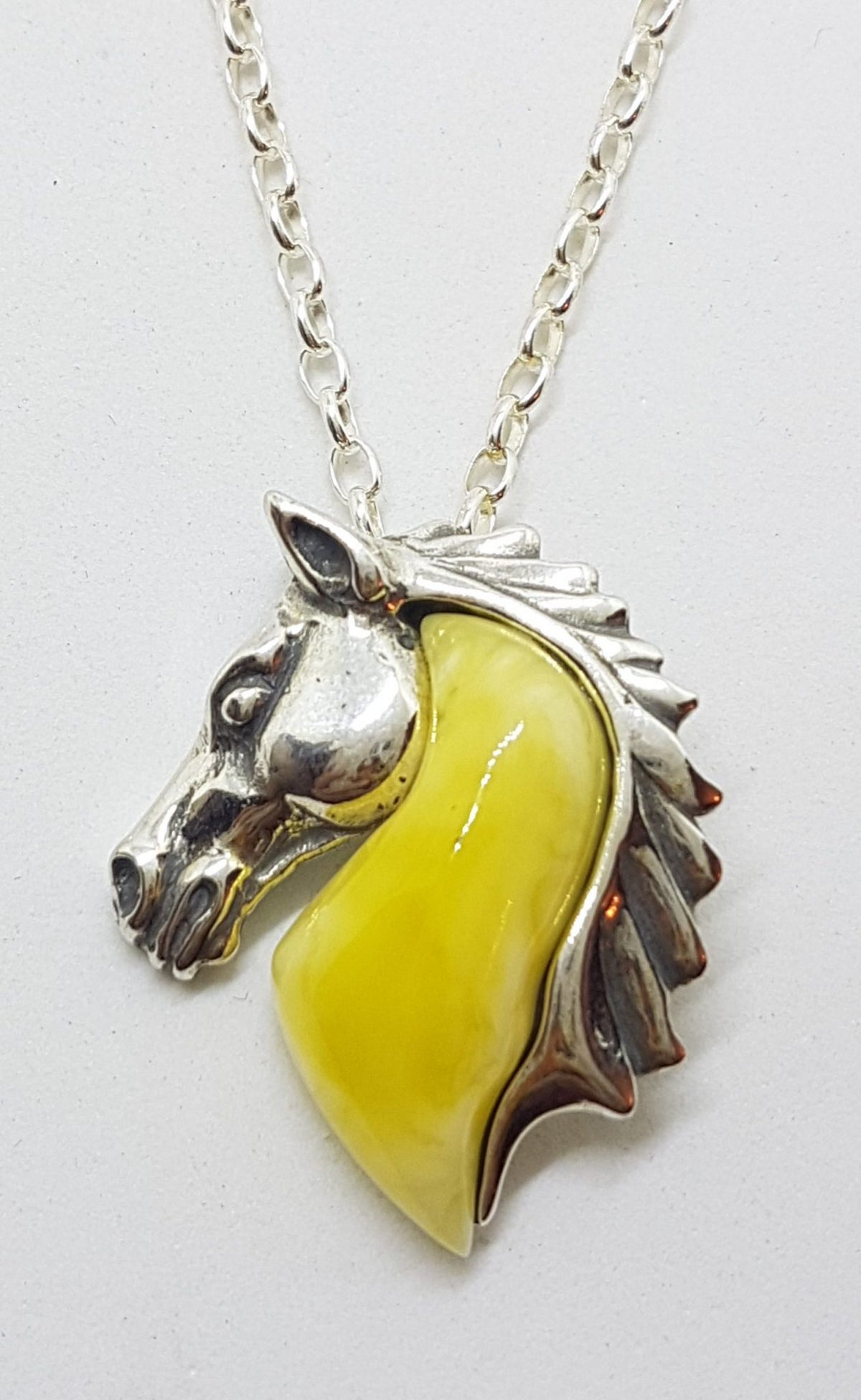 Sterling Silver Baltic Butter Amber Horse Head Pendant on Silver Chain