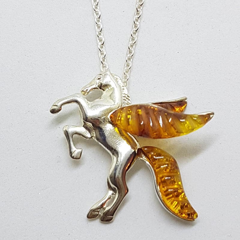 Sterling Silver Amber Pegasus Horse Pendant on Sterling Silver Chain