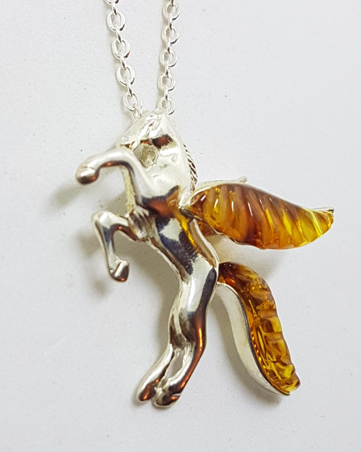 Sterling Silver Amber Pegasus Horse Pendant on Sterling Silver Chain