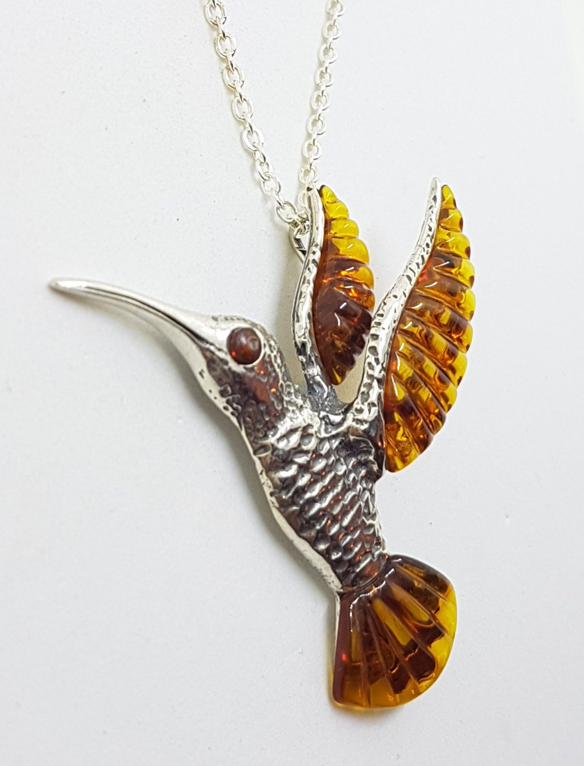 Sterling Silver Amber Hummingbird Pendant on Silver Chain