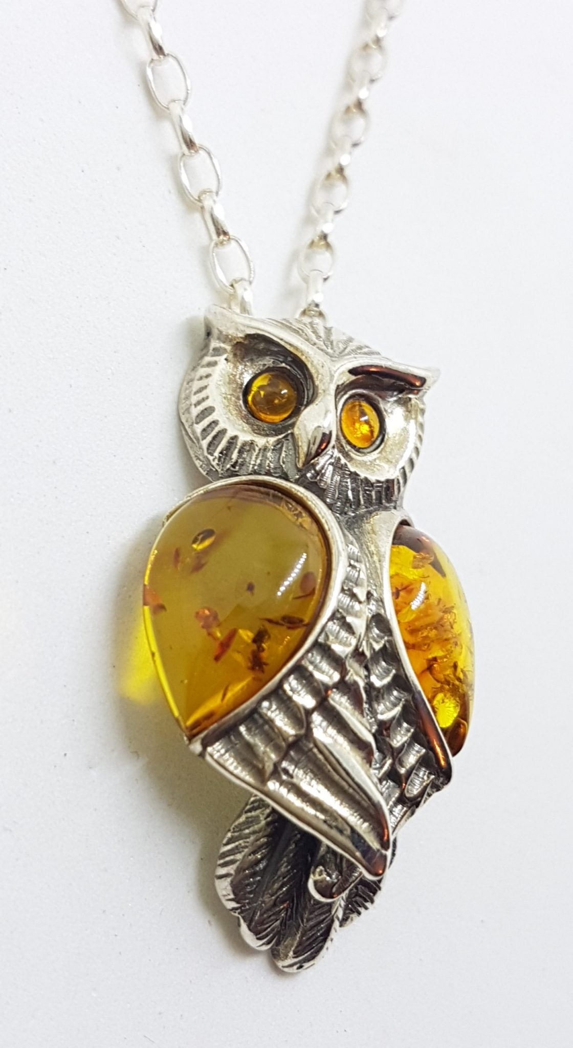 Sterling Silver Natural Baltic Amber Large Owl Bird Pendant on Silver Chain
