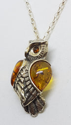 Sterling Silver Natural Baltic Amber Large Owl Bird Pendant on Silver Chain