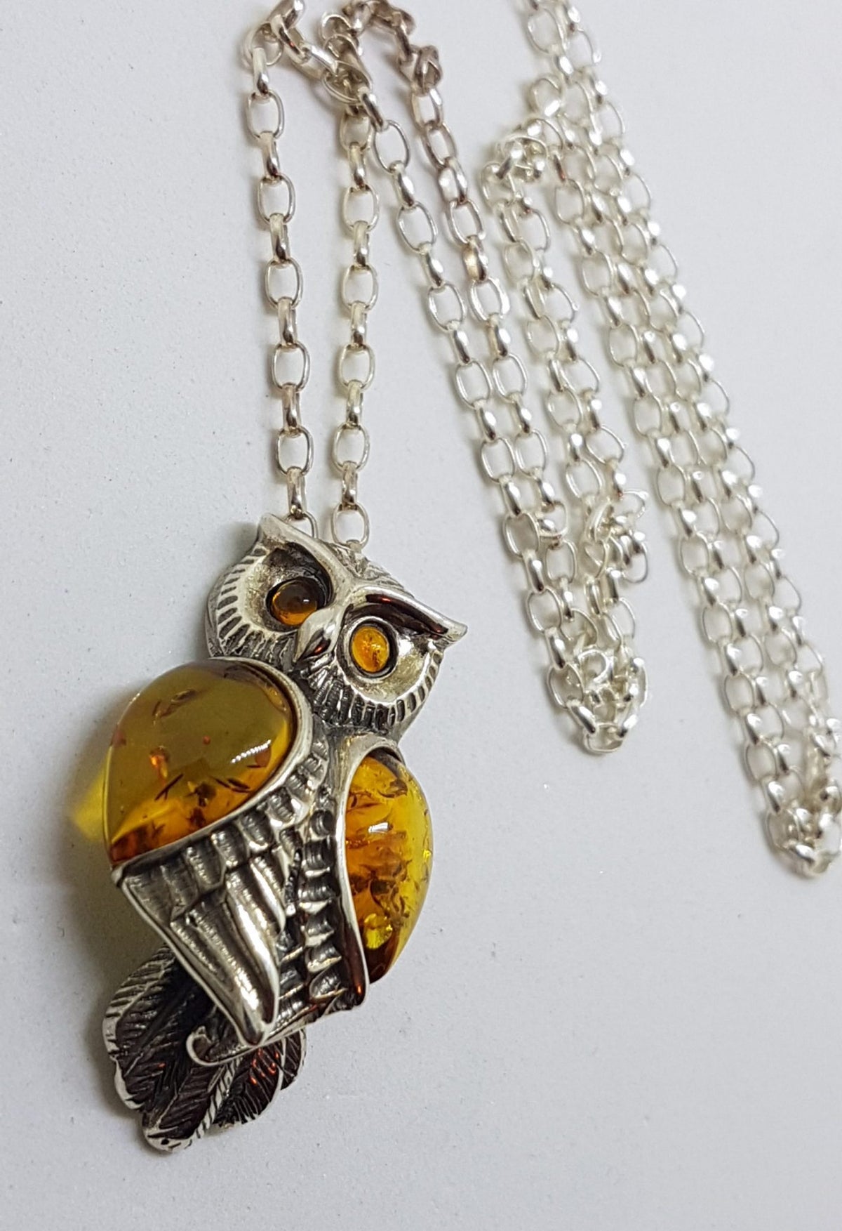 Sterling Silver Natural Baltic Amber Large Owl Bird Pendant on Silver Chain