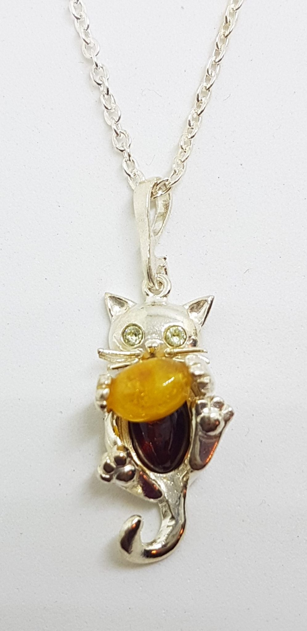 Sterling Silver Butter and Brown Amber Cat Pendant on Silver Chain