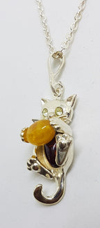 Sterling Silver Butter and Brown Amber Cat Pendant on Silver Chain