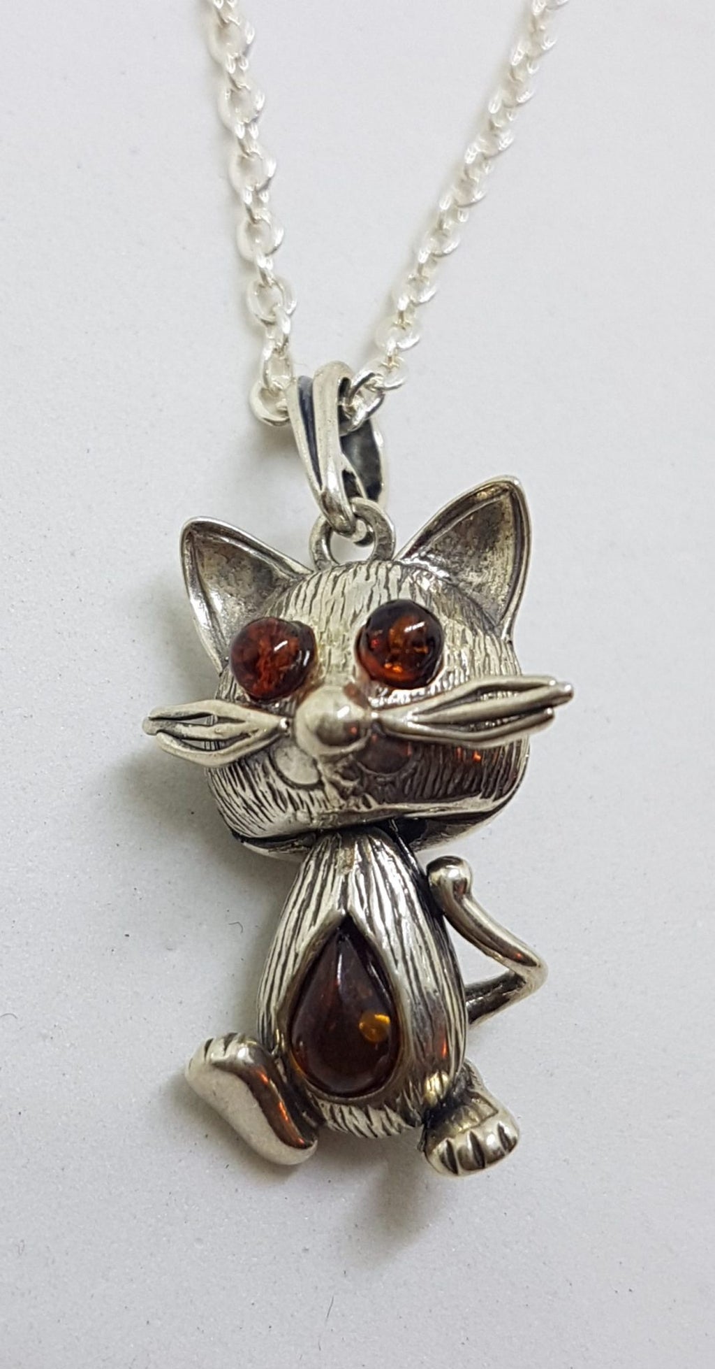 Sterling Silver Natural Baltic Amber Jointed Cat Pendants on Chains - Different Colours Available