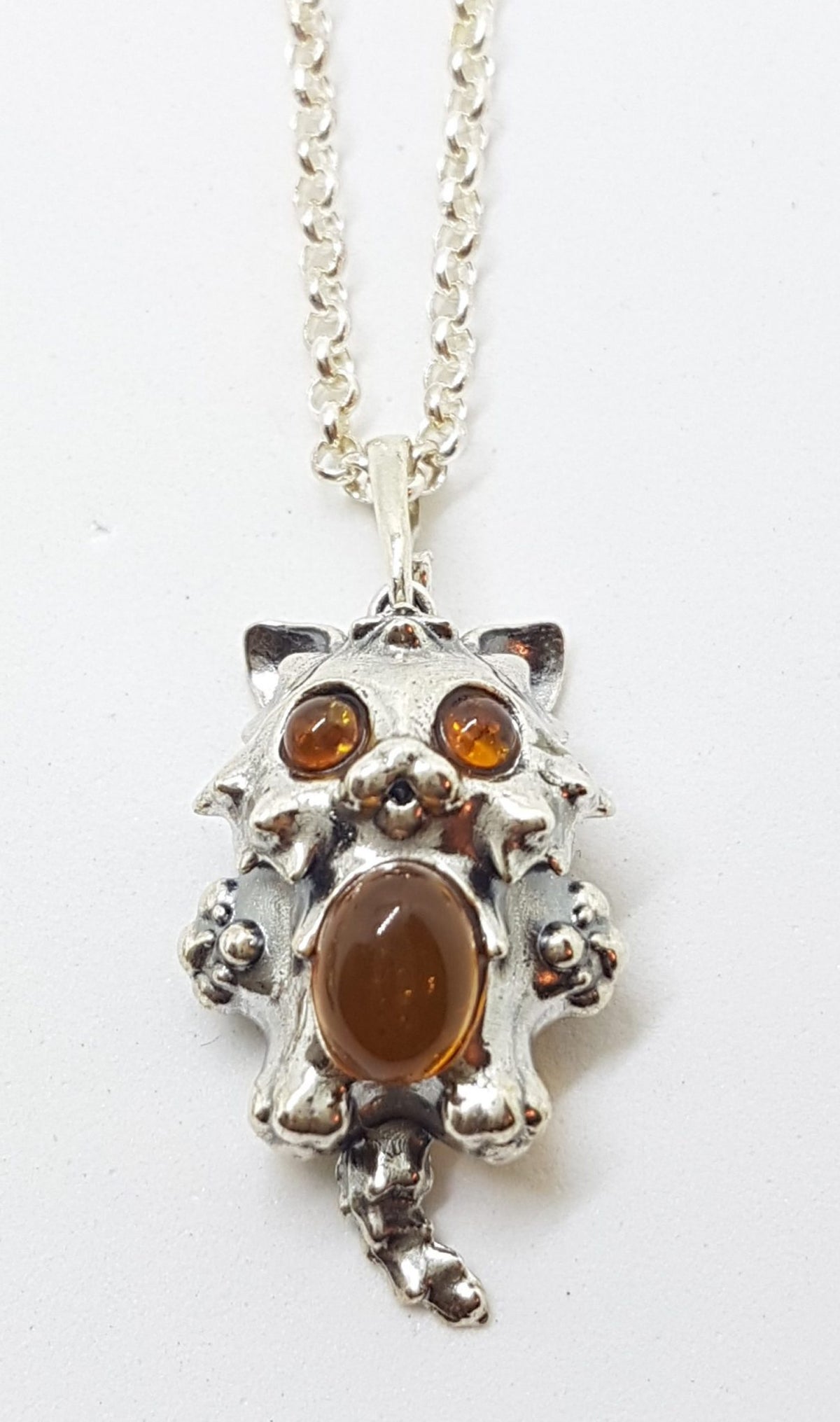 Sterling Silver Cartoon Style Amber Cat Pendant on Silver Chain