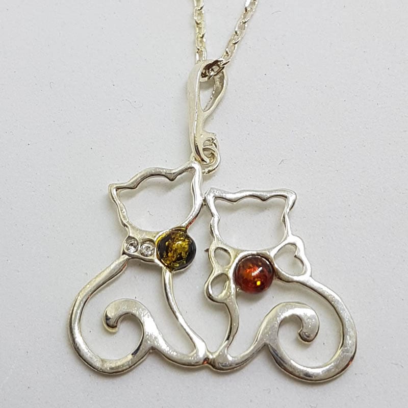 Sterling Silver 2 Amber and CZ Cats Pendant on Chain