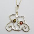 Sterling Silver 2 Amber and CZ Cats Pendant on Chain