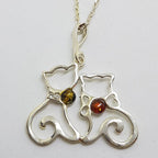 Sterling Silver 2 Amber and CZ Cats Pendant on Chain