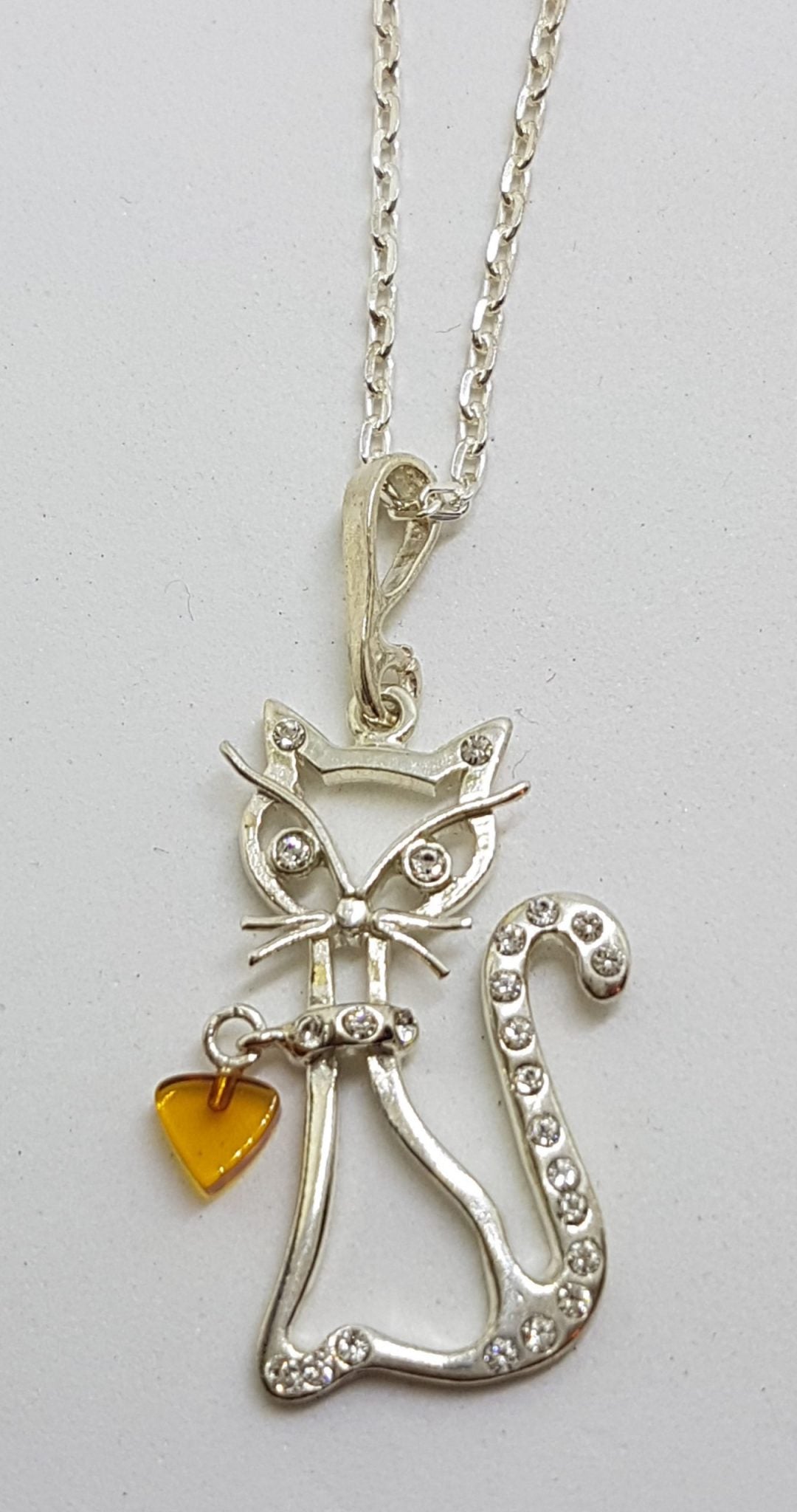 Sterling Silver Amber and CZ Cat with Heart Pendant on Chain