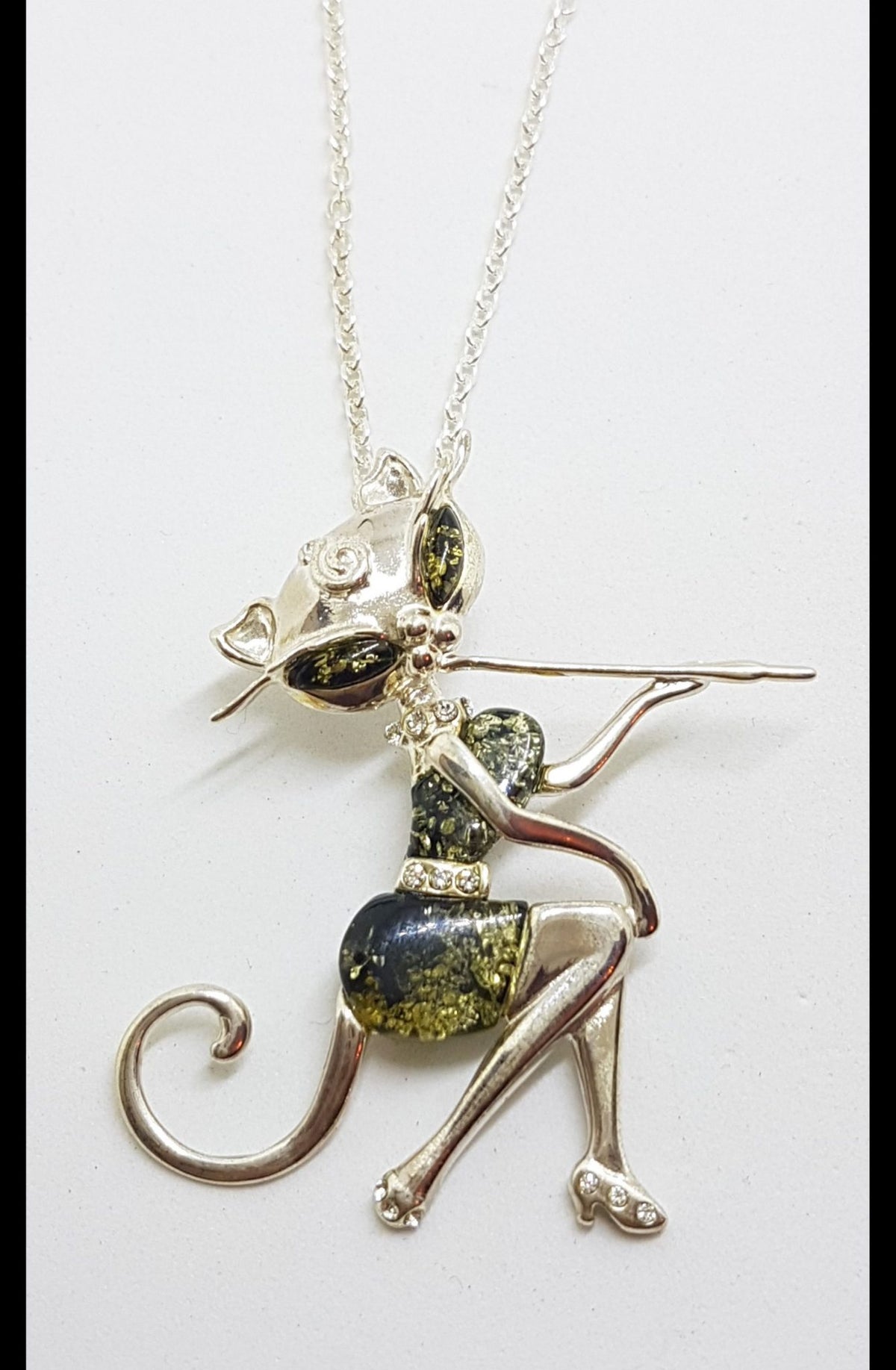 Sterling Silver Large Green Natural Baltic Amber and CZ Elegant Cat Sitting Pendant on Chain - Also Available as Brooch