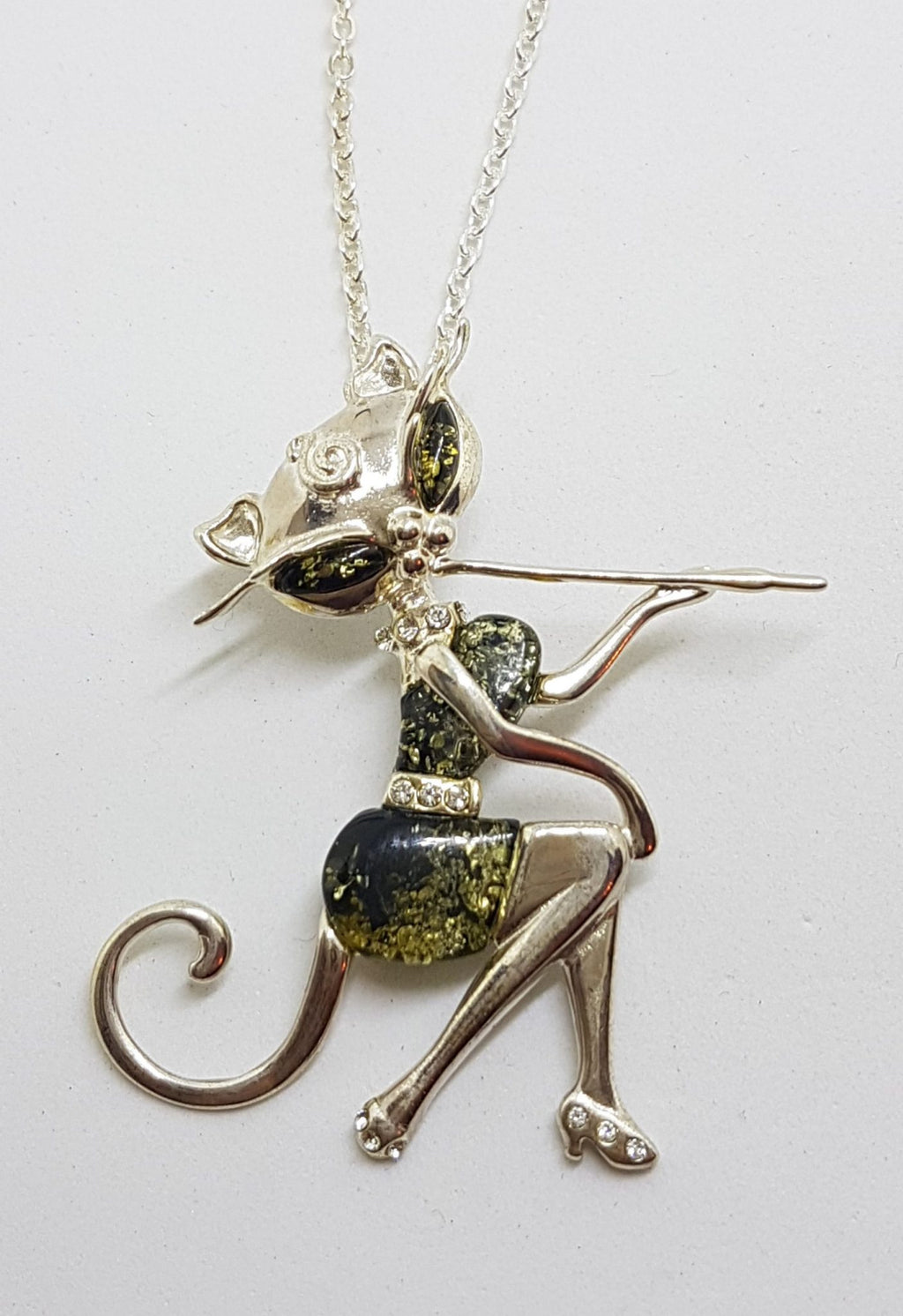 Sterling Silver Large Green Natural Baltic Amber and CZ Elegant Cat Sitting Pendant on Chain - Also Available as Brooch
