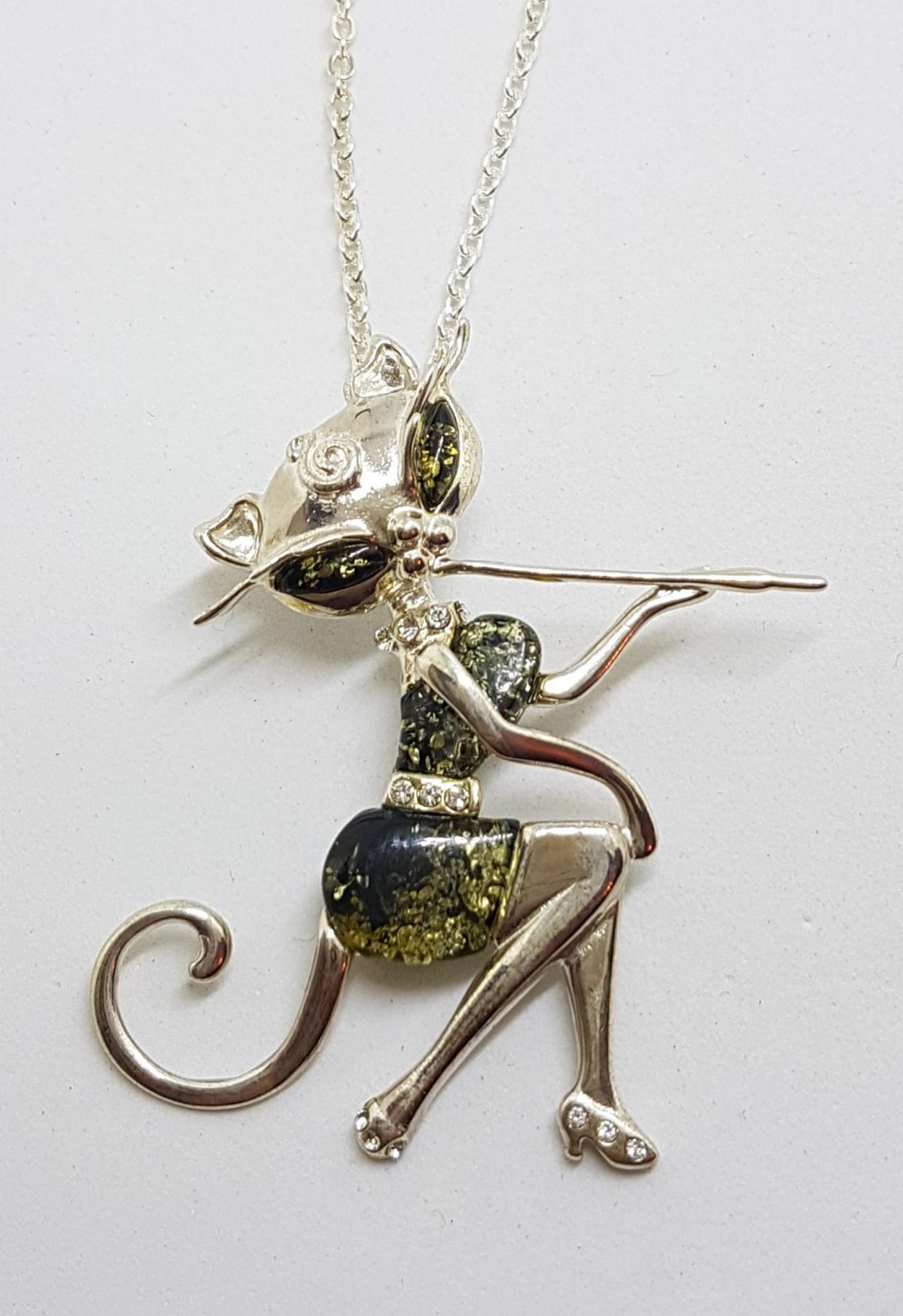 Sterling Silver Large Green Natural Baltic Amber and CZ Elegant Cat Sitting Pendant on Chain - Also Available as Brooch