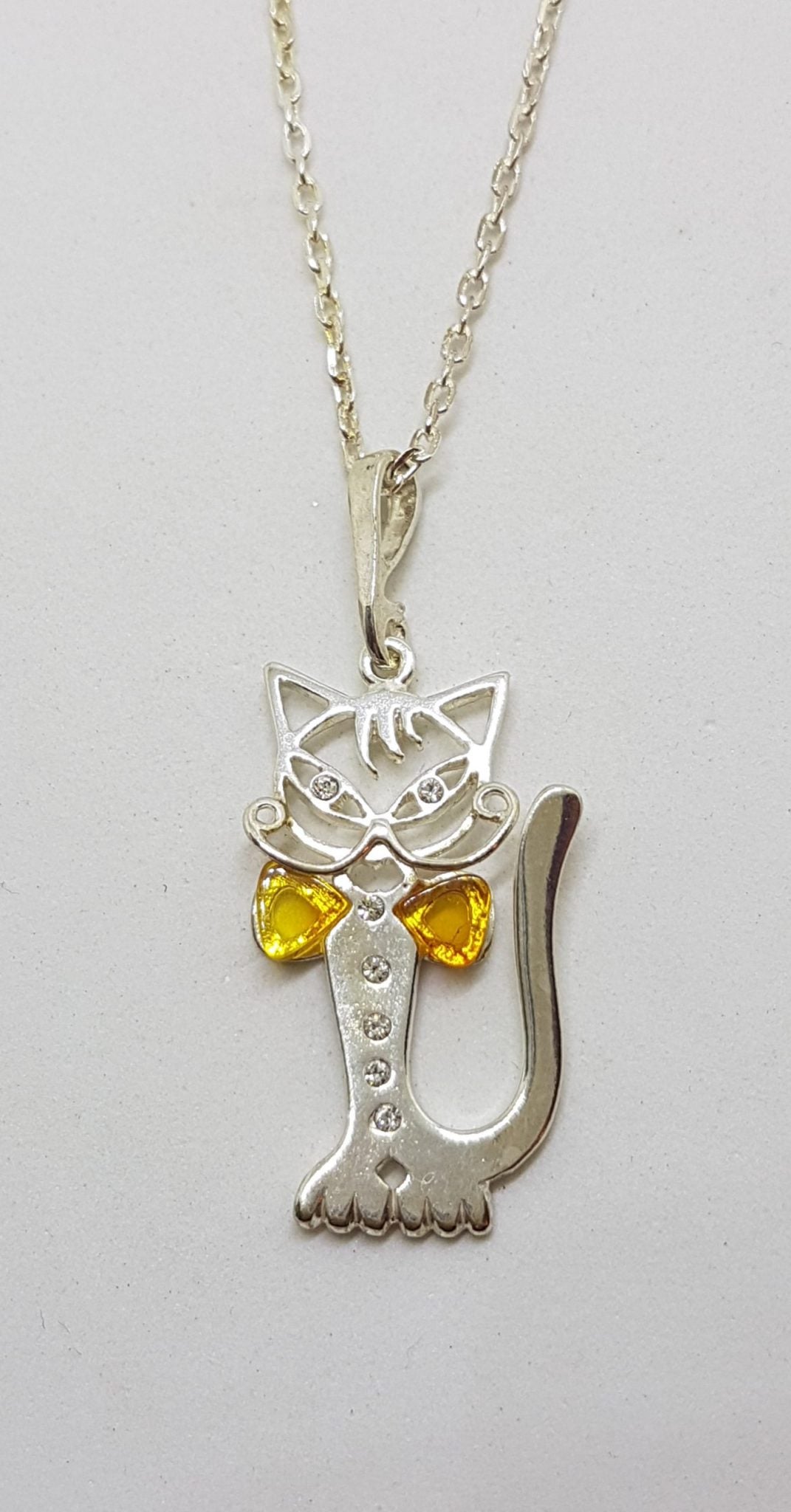 Sterling Silver Amber and CZ Cat with Bow Tie Pendant on Chain