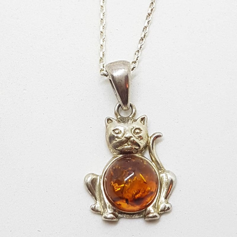 Sterling Silver Brown Amber Cat Pendant on Silver Chain