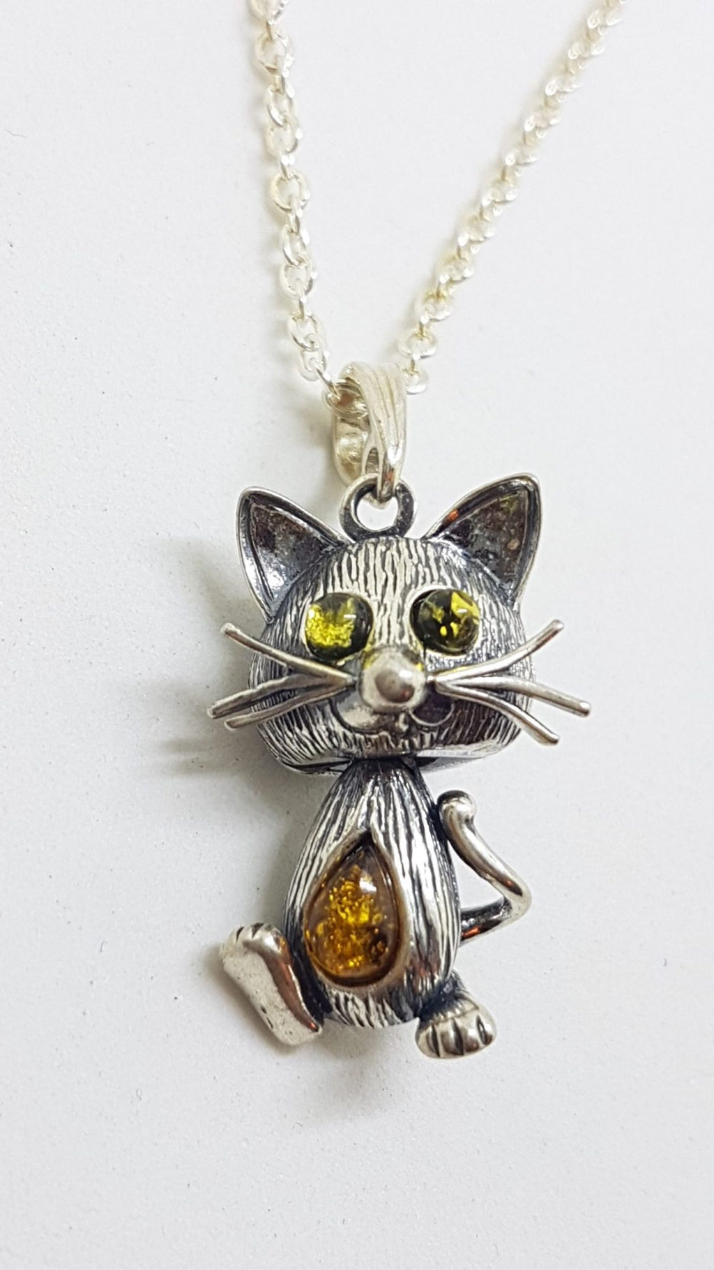 Sterling Silver Natural Baltic Amber Jointed Cat Pendants on Chains - Different Colours Available