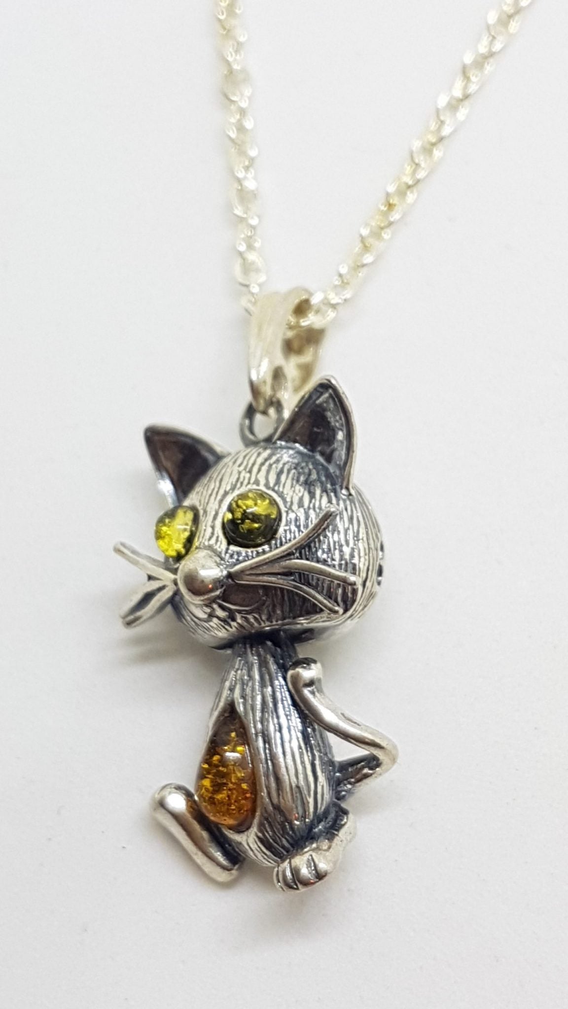 Sterling Silver Natural Baltic Amber Jointed Cat Pendants on Chains - Different Colours Available