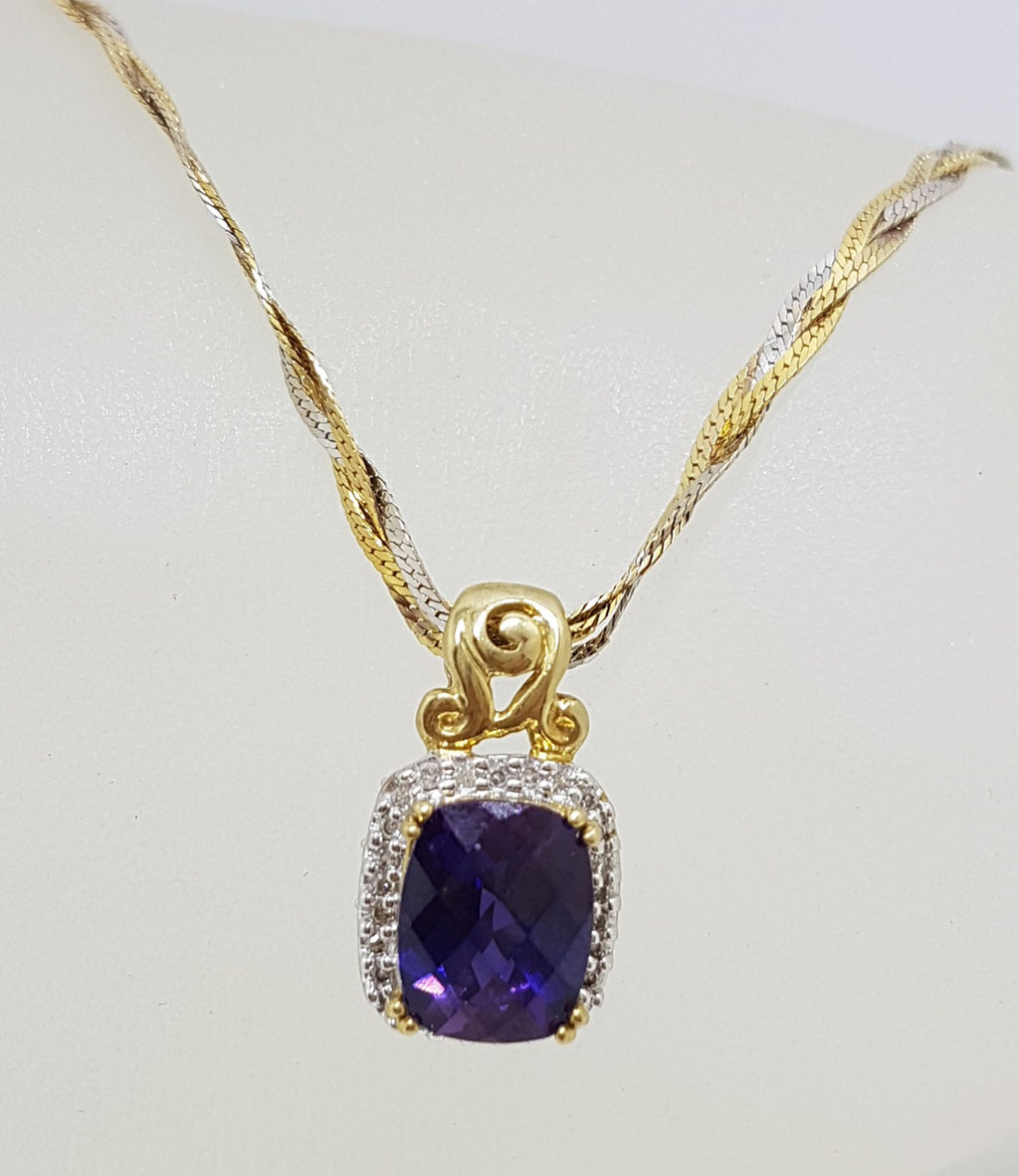 9ct Yellow, Rose &amp; White Gold Twist Chain / Necklace with Created Purple Gemstone and Diamond Pendant - Three Tone