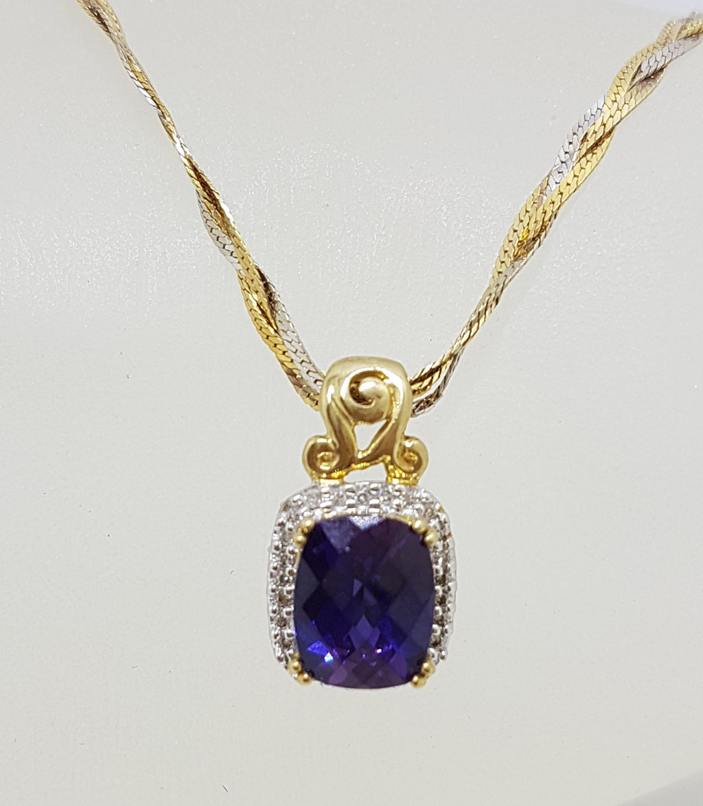 9ct Yellow, Rose &amp; White Gold Twist Chain / Necklace with Created Purple Gemstone and Diamond Pendant - Three Tone