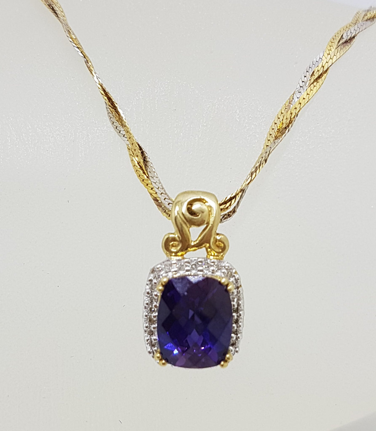 9ct Yellow, Rose &amp; White Gold Twist Chain / Necklace with Created Purple Gemstone and Diamond Pendant - Three Tone