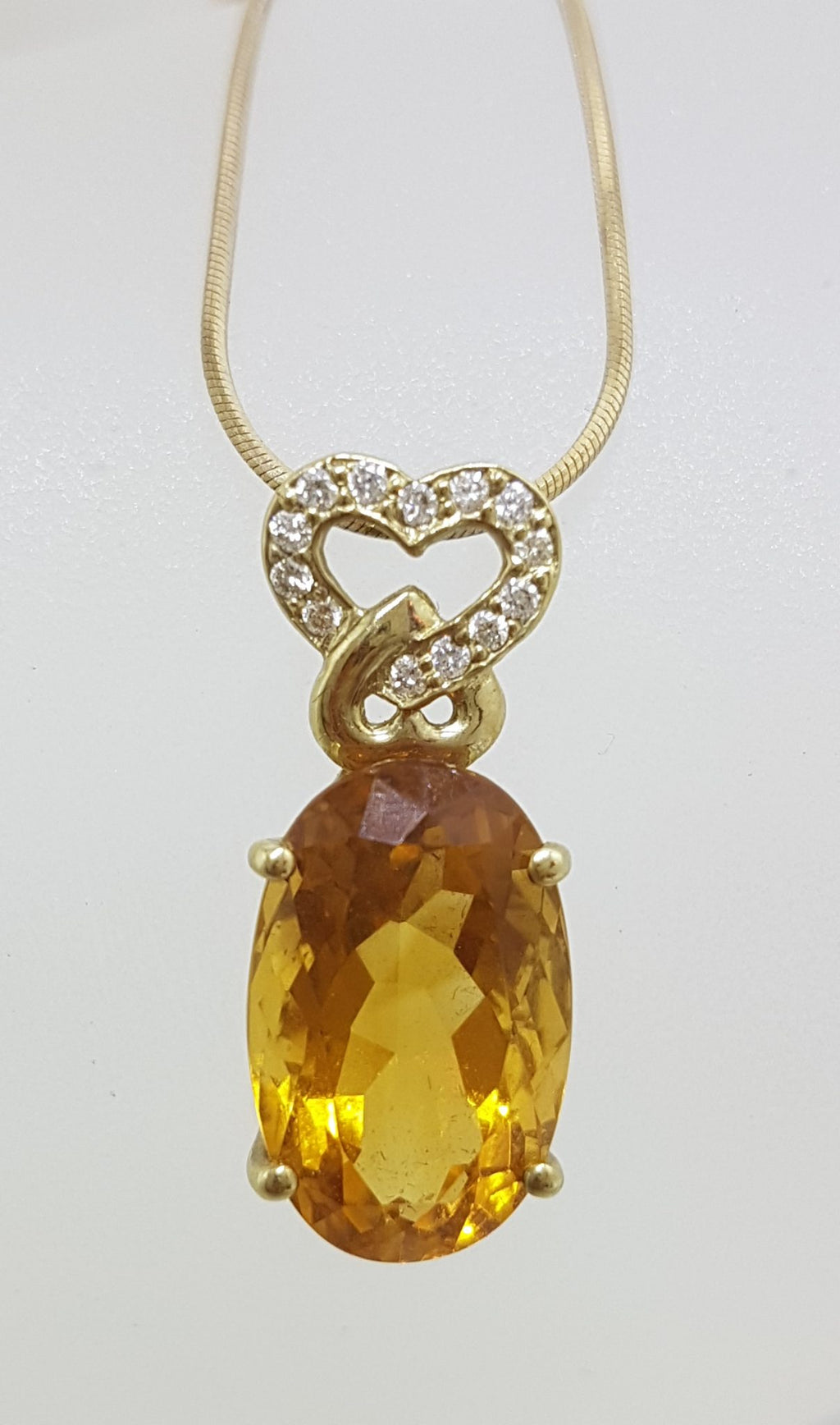 9ct Yellow Gold Oval Citrine with Diamond Heart Pendant on Gold Chain