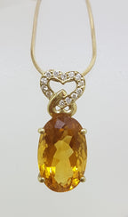 9ct Yellow Gold Oval Citrine with Diamond Heart Pendant on Gold Chain