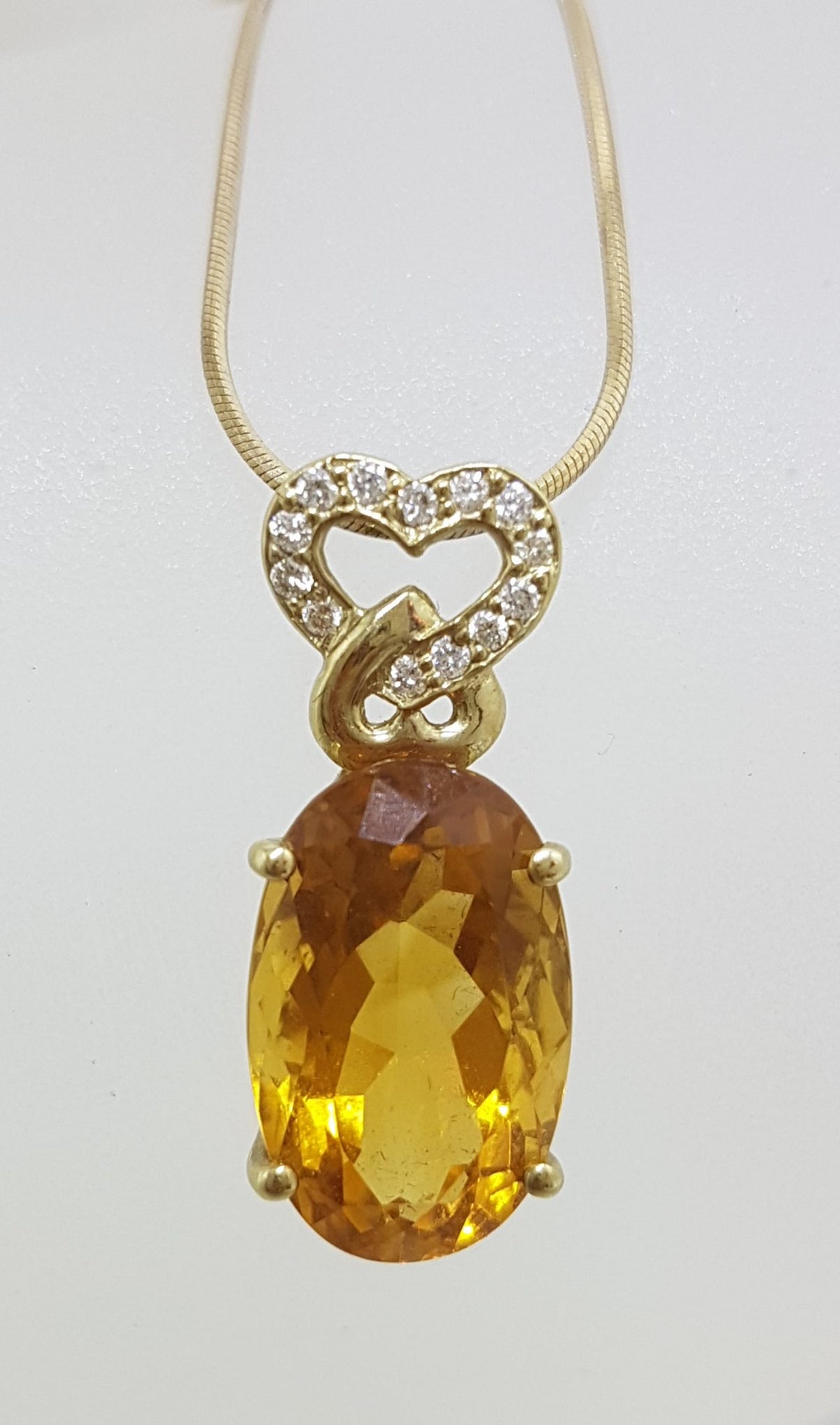 9ct Yellow Gold Oval Citrine with Diamond Heart Pendant on Gold Chain