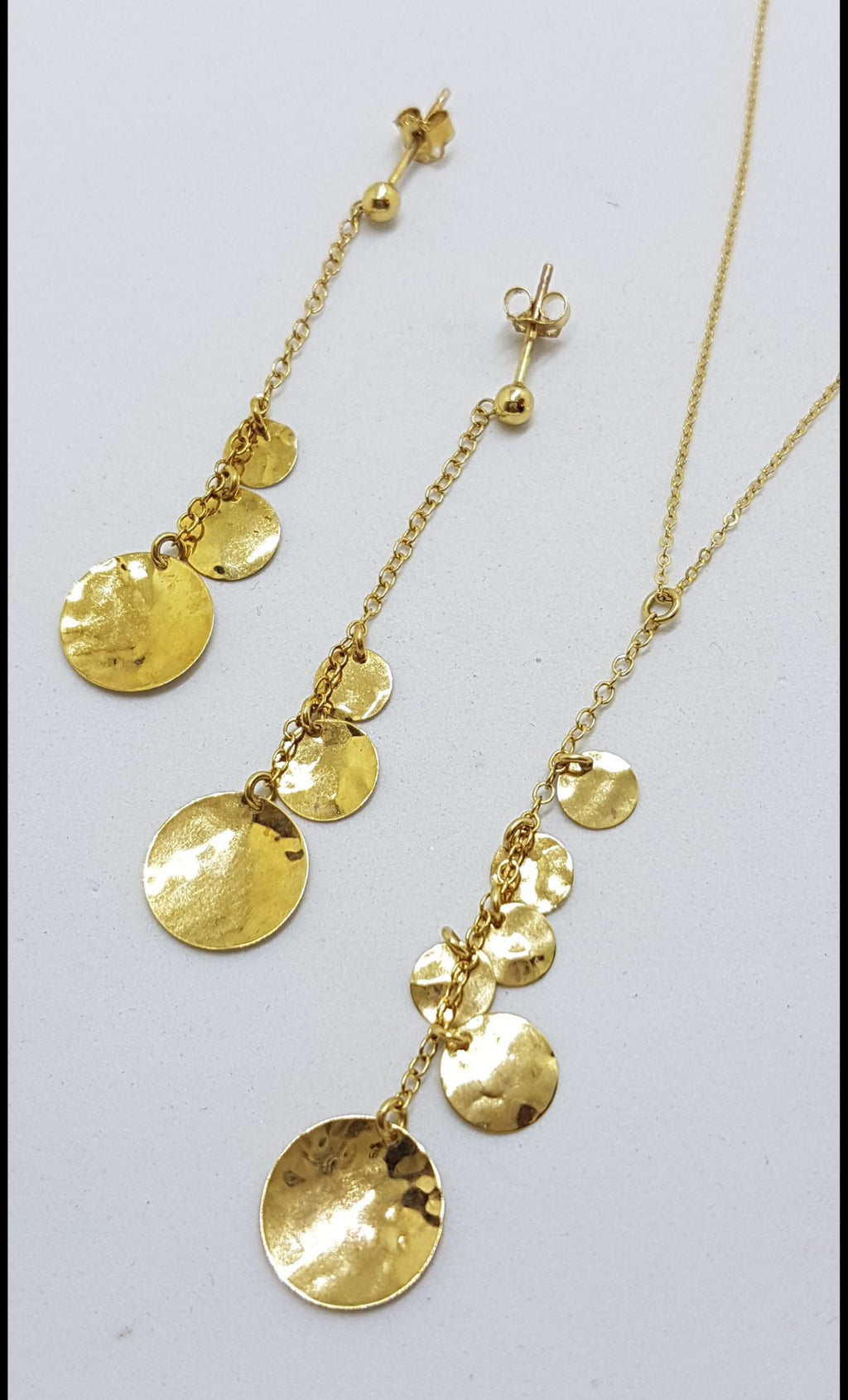 14ct Yellow Gold Long Round Disc Design Pendant on Gold Chain / Necklace with Matching Earrings - Set