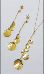 14ct Yellow Gold Long Round Disc Design Pendant on Gold Chain / Necklace with Matching Earrings - Set