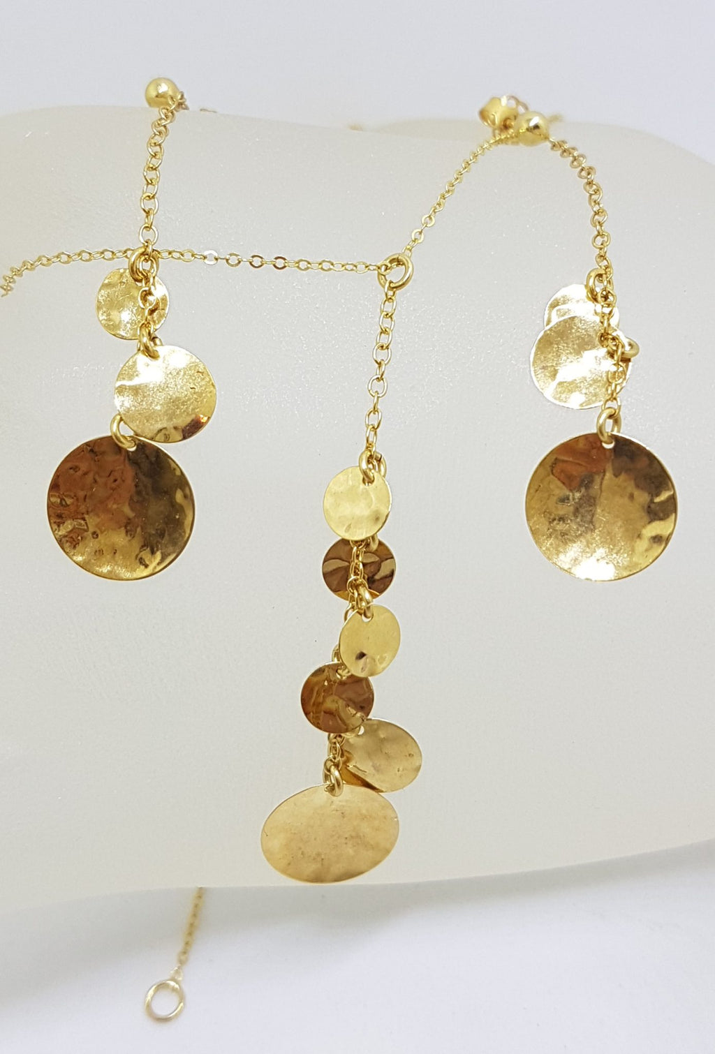14ct Yellow Gold Long Round Disc Design Pendant on Gold Chain / Necklace with Matching Earrings - Set