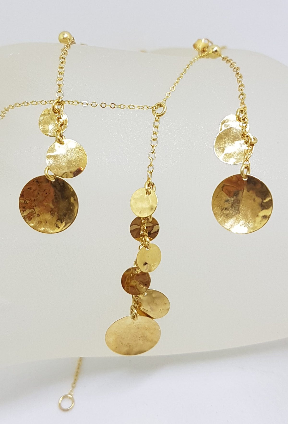 14ct Yellow Gold Long Round Disc Design Pendant on Gold Chain / Necklace with Matching Earrings - Set