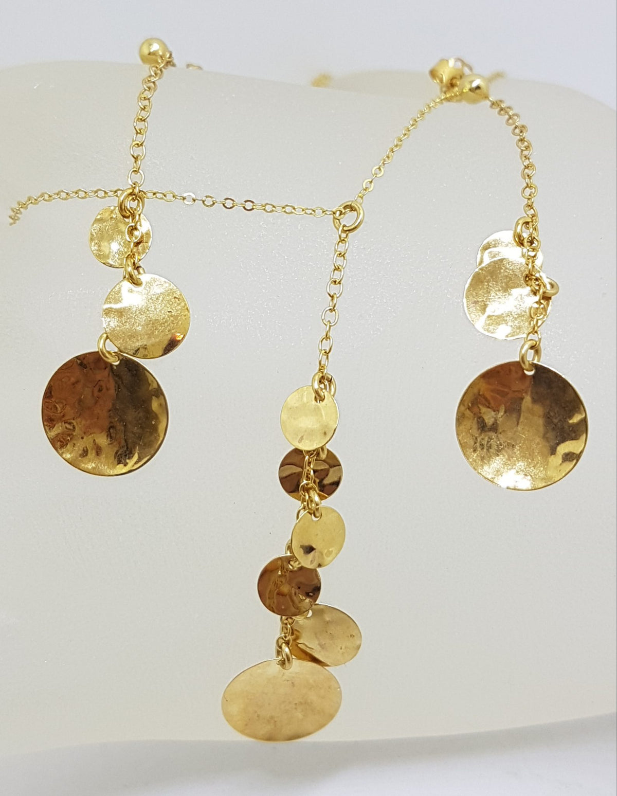 14ct Yellow Gold Long Round Disc Design Pendant on Gold Chain / Necklace with Matching Earrings - Set